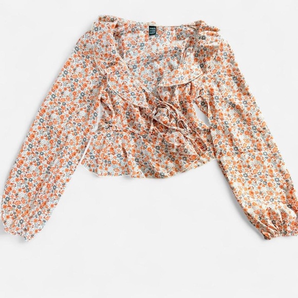 Ditzy floral blouse peplum barrel long sleeve deep-v neckline in Orange - Picture 8 of 9